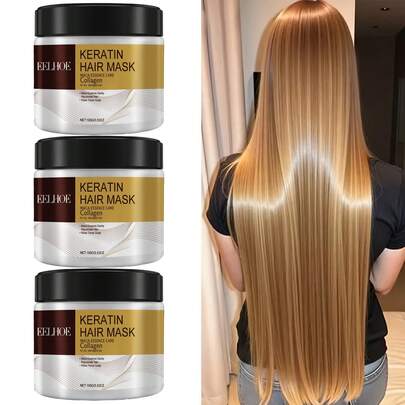 3 piezas 300g/10.59oz La máscara de cabello de keratina rica en colágeno y aceite de nuez marroquí es adecuada para hidratar y cuidar el cabello ordinario, restaurando el brillo y la vitalidad al cabello recto, rizado, teñido y con un peine liso