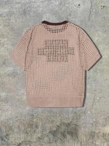 ANDREILEE Spring Summer Unisex Korean Style Casual Loose Hollow Out Letter Print Round Neck Short Sleeve Pullover Top - Khaki - View 3