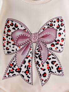 2pcs Cute Bow Print Round Neck Short Sleeve T-Shirt + Leopard Elastic Flared Pants Set, Summer - Apricot - View 4