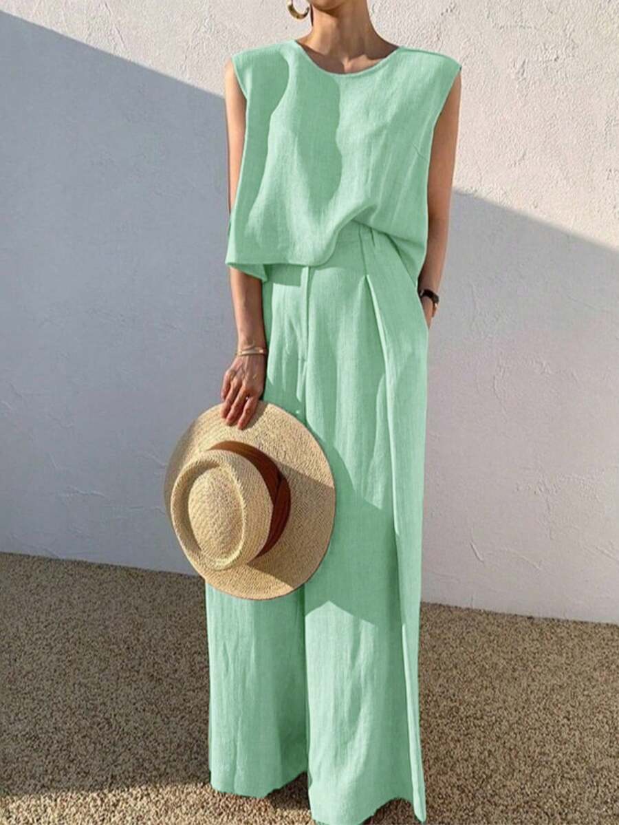 女款休閒圓領無袖上衣與寬腿褲兩件套,夏日完美選擇 - 淡綠色 - 查看 1
