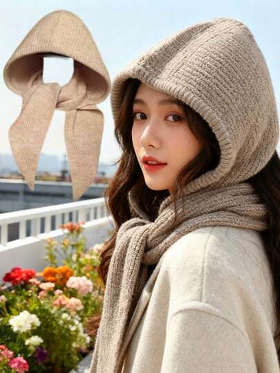 女士简约纯色针织围巾帽套装（1件），新款时尚拉法帽，休闲百搭保暖围脖针织帽，适合日常佩戴