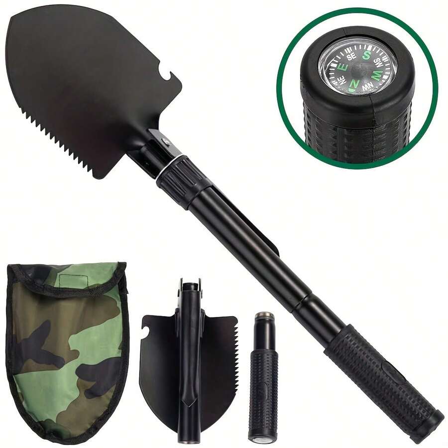 1pc Multifunctional Stainless Steel Folding Shovel With Saw, Pickaxe And Bottle Opener - A Durable Outdoor Survival Tool Suitable For Camping And Gardening