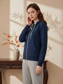 Women's Fleece Jacket With Zipper And Hood, Plain, Various Colors - Navy Blue - View 2