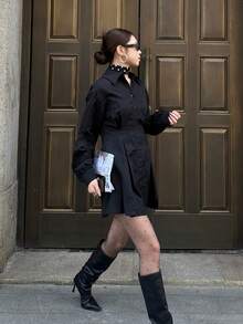 Women's Casual Mini Shirt Dress, Suitable For Spring And Autumn - Black - View 5