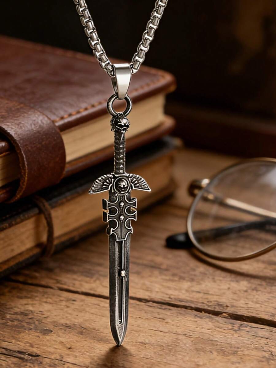 1pc Skeleton Knight Cross Sword Pendant Necklace, Retro Gothic Style, Unisex, Punk And Cool Accessories, Versatile For Daily Use - Fashion - View 1