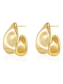 1pc Fashionable Minimalist Asymmetrical C-Shaped Geometric Earrings, Metal Plated Gold Earrings, Personalized Jewelry Gift - Gold - View 2