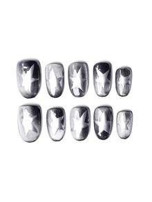 10Pcs Handmade Square Short Nail Set, Black Glossy Finish With Cat-Eye Design Featuring Silver Star Elements. Adhesive Label Included, Reusable Handmade Wearable Nail Polish Press On Nails Nail Supplies Nails - Multicolor - View 2