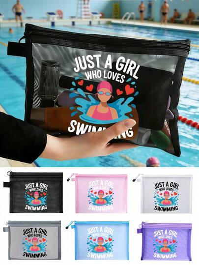 “热爱游泳的女孩”印花PVC游泳收纳袋，泳衣收纳袋，网状收纳袋，轻便防褪色化妆洗漱包，适合女性和女孩，便携式化妆包，易于擦拭清洁，可作为送给妈妈、老师、朋友、护士的化妆包，也可作为送给女性朋友的礼物，是学校假期返校旅行必备的洗漱包。