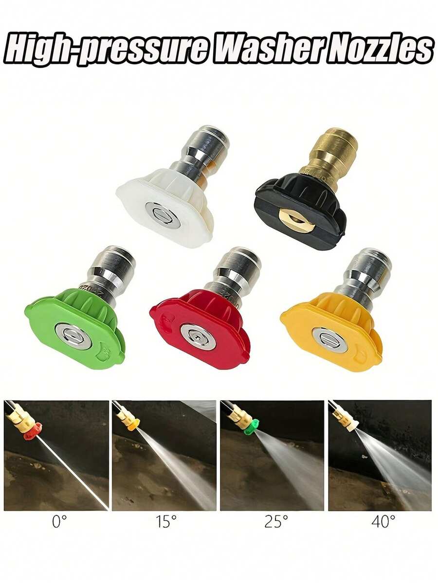 5 High-Pressure Washer Nozzles With 1/4" Male Thread Connectors, Including 0°, 15°, 25°, And 40° Cleaning Nozzles