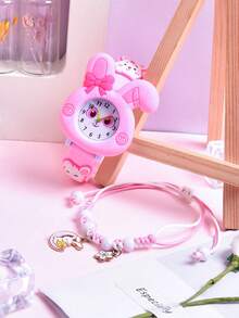 2026 New 2pcs/Set Gift For Daughter's Friend, Soft Silicone Strap Student Watch, Creative Long Ear Rabbit Quartz Watch, Adjustable Braided Rope Rabbit Bracelet - Pink - View 9