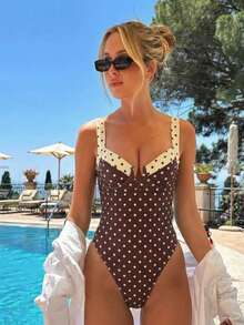 Conjunto de biquíni feminino elegante e casual com estampa de bolinhas marrons e amarelas, com babados, perfeito para férias na praia na primavera/verão. - Multicolorido - Ver 1