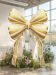 1pc 61-Inch Striped Bow Foil Balloon, Platinum Striped Bow Foil Balloon, Bow Decor Balloon, For Wedding, Engagement, Birthday, Bridal Shower, Proposal, Photo Shoot Decor, Princess Birthday Party, Bachelorette, Anniversary, Tea Party, Valentine's Day, Huge Bow Decor Background - Multicolor - View 5