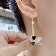 1对经典百搭时尚新款黑色心形流苏耳环，优雅奢华耳环，百搭耳环 - 彩色 - 查看 2