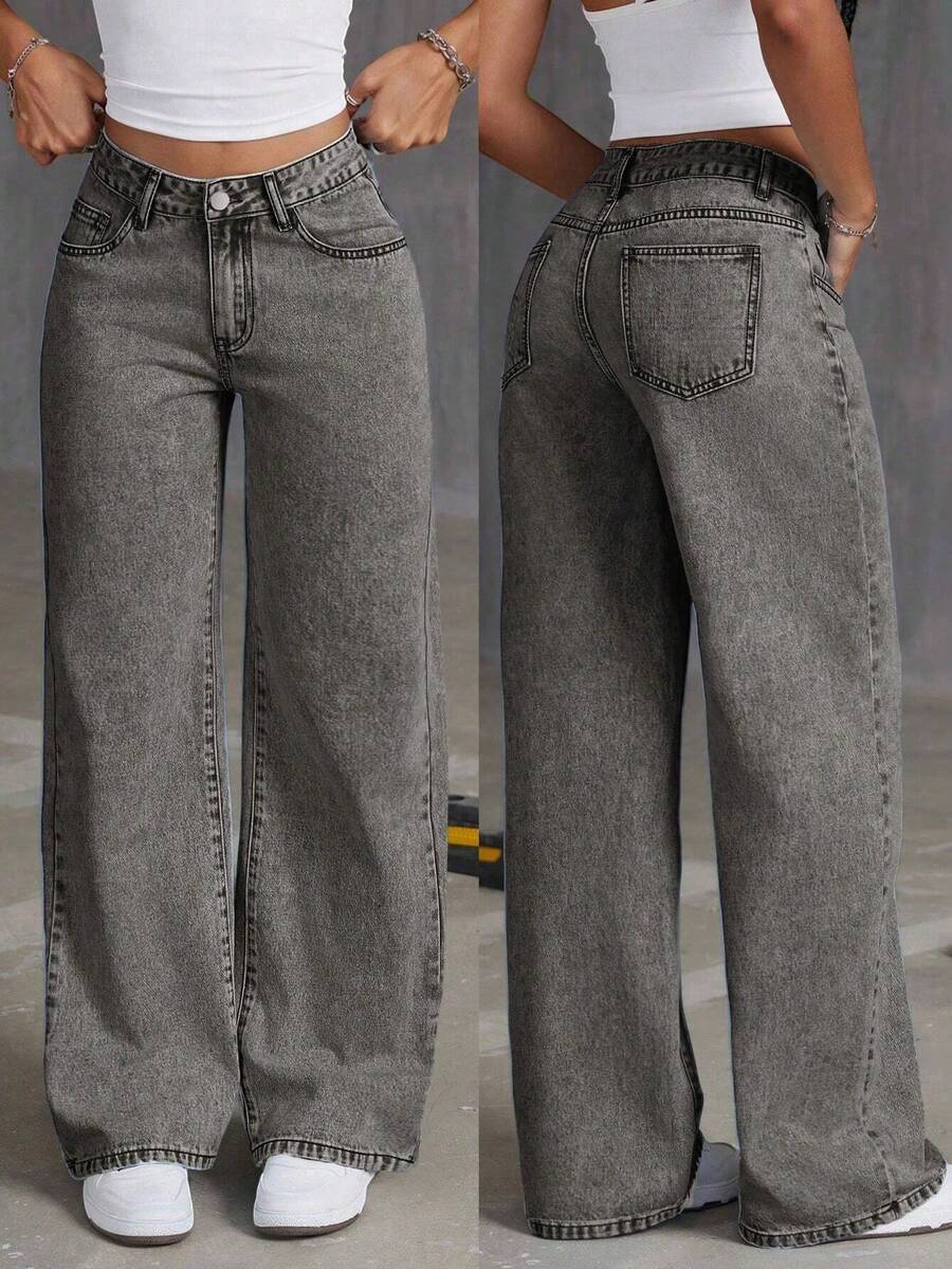 Autumn Women's Street Light Blue Mid Waist Jeans Slim Fit Straight Leg Casual Pants And Versatile Washed Denim Spring - Light Grey - View 1