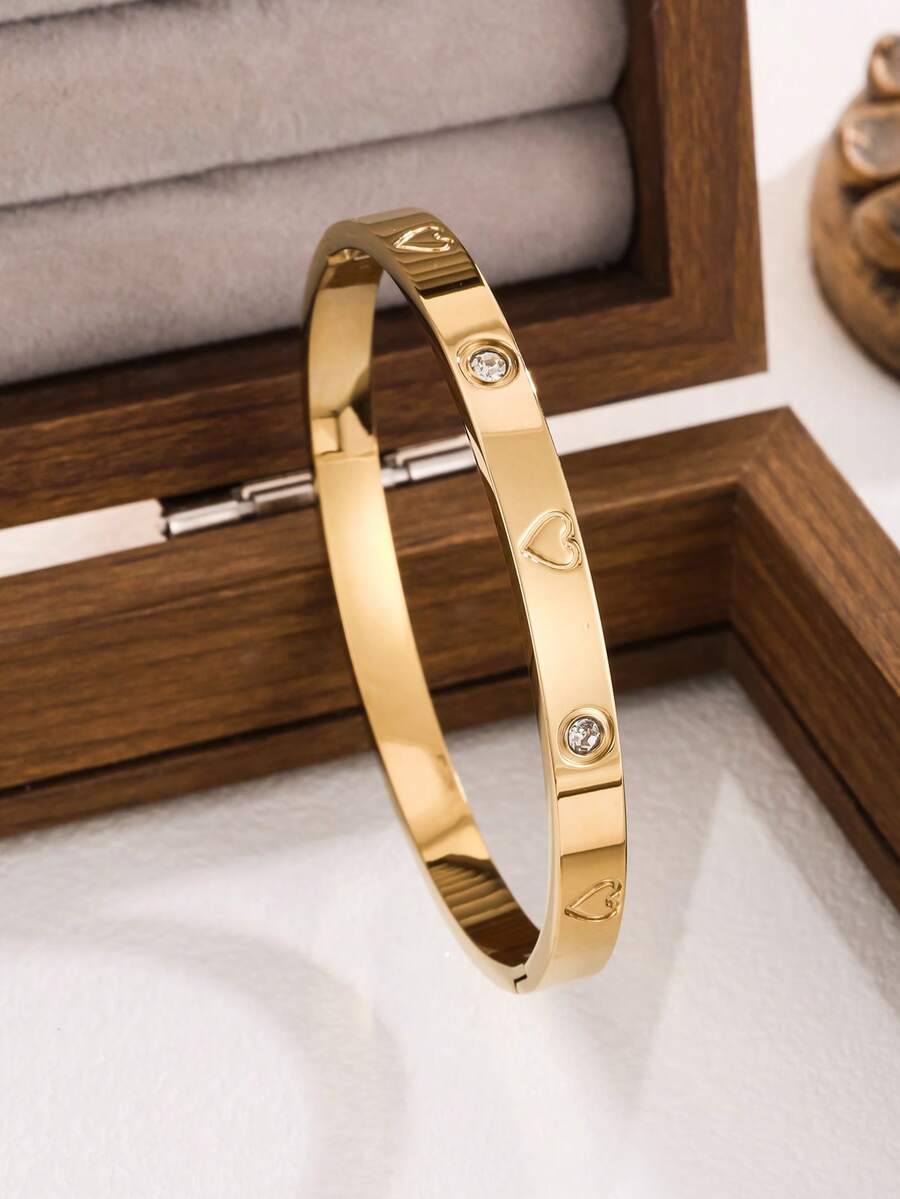 闪亮锆石手链，女士四叶草印花爱心不锈钢手镯，珠宝礼品 - 金黃色 - 查看 1