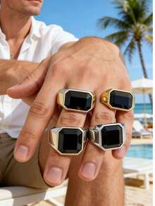 1枚男士方形几何戒指，316不锈钢镀18K金真空防水水钻戒指，适合日常休闲商务度假佩戴 - 幾何男士戒指 - 查看 4