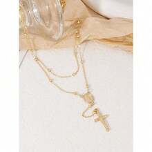 1pc Vintage Cross & Virgin Mary Pendant Faux Pearl Y-Shape Necklace, Women Party & Everyday Accessory (Random Pearl Beads) - 金色 - 查看 3