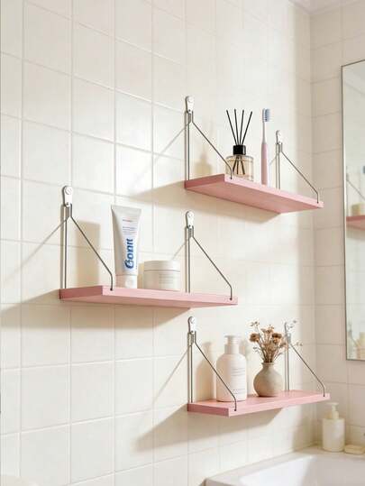 1 pieza Estantería de pared sin taladro, estante de almacenamiento de un solo nivel para caja de cable de la sala de estar, soporte de carga de madera, organizador de pared colgante de color rosa pastel para baño, dormitorio, sala de estar