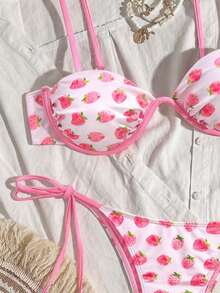 Bikinx Conjunto de bikini casual para mujer con estampado de frutas dulces, espalda descubierta, tiras de contraste y tirantes de espagueti elásticos, traje de baño lindo para vacaciones de verano - Rosa - Ver 9