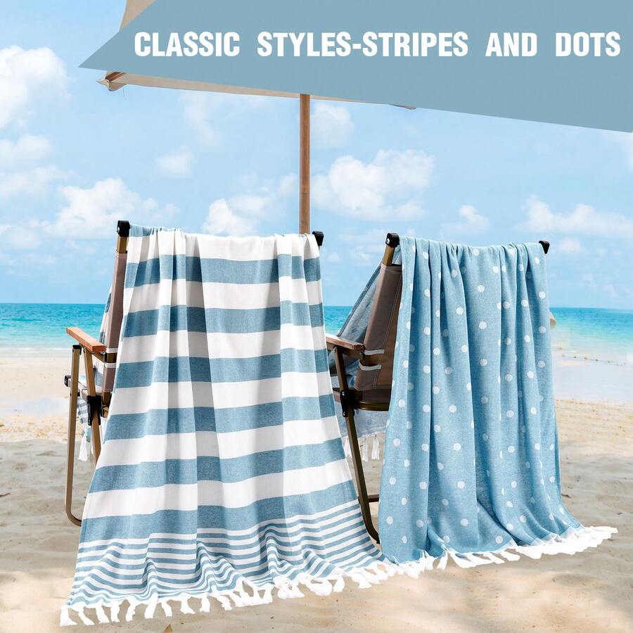 1pc/2pcs Set Turkish Beach Towel - 39"X 71"/99 X 180 Cm Extra Large Sand-Proof Quick Dry Compact Cotton Beach Towel, Suitable For Beach, Bathroom, Swimming Pool, Travel, Yoga, Camping - Blue - View 1