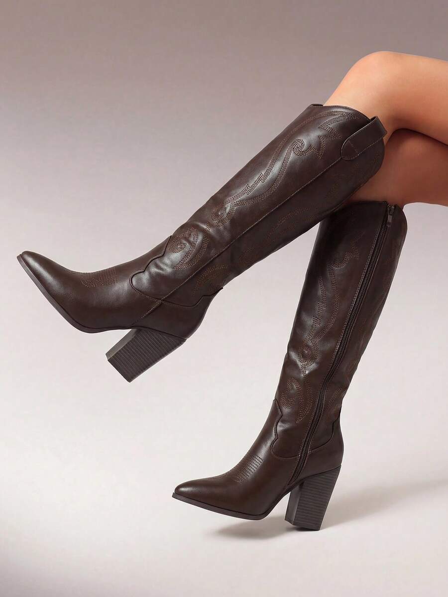 Cowboy Boots For Women, Comfortable Pull On Zipper Chunky Heel Pointed Toe Embroidered Western Cowgirl  Knee High Boots Christmas Fall - màu nâu - Xem 1