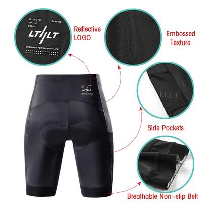 1pc Men's Black Cycling Shorts, 5-Inch Length With Side Pockets, Moisture-Wicking, High Elasticity, Tight-Fitting, 3D High-Density Sponge Padding, 5H High Support, Reflective Print, Suitable For Mountain Biking And Road Cycling