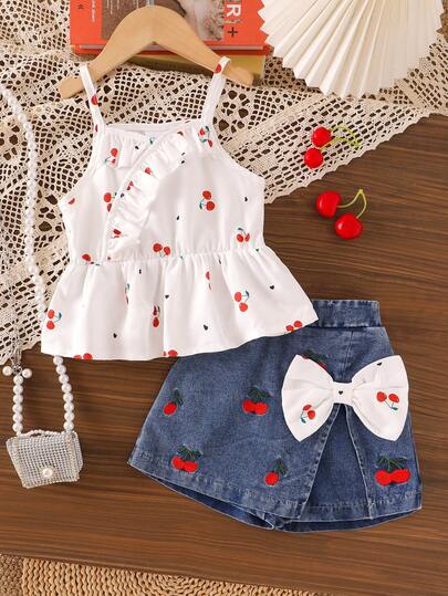 Set de 2 piezas: Top de tirantes blanco con estampado de cerezas + Falda vaquera azul para niñas jóvenes, look casual y femenino para vacaciones de verano