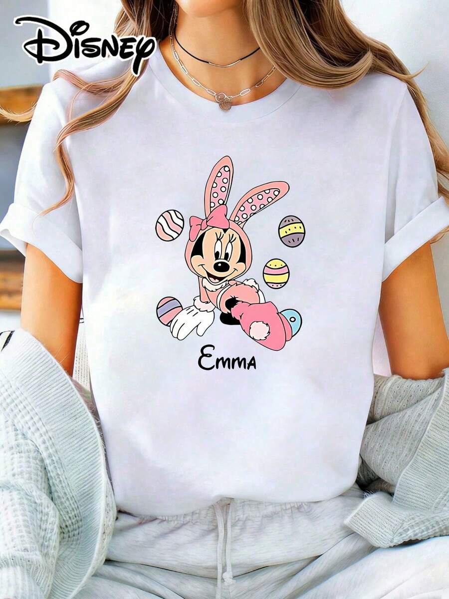 This White Short-Sleeve Round-Neck T-Shirt With A Minnie Mouse Bunny Graphic Is Perfect For Casual Wear, Ideal For Photos At Disneyland, As A Travel Souvenir, Everyday Casual Wear, Or Matching Family Outfits. It's Also An Ideal Valentine's Day Gift For Friends And Family. Women's Clothing, New Spring Style, Comfortable And Skin-Friendly, Suitable For Outdoor Wear. - White - View 1