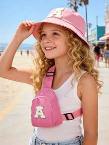2pcs/Set Kids 26 Letters Bucket Hat And Bag Set, Suitable For Boys And Girls Casual Outings In Spring & Autumn - Pink - View 3