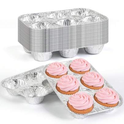 10/20pcs Muffin Baking Pan, 6-Cup Disposable Aluminum Muffin Cups, Standard Size Cupcake Tray, Suitable For Baking Cupcakes And Mini Pies, For Home Kitchen And Party Use