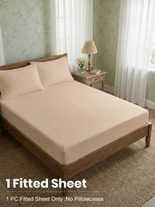 1pc Solid Color Fitted Sheet, Bedding, Fitted Sheet, Mattress Cover, Soft & Comfortable Bed Cover, Skin-Friendly Mattress Protector, Suitable For Home, All Seasons, Dust & Slip Resistant, Made Of Soft Breathable Fabric, Fits Full, Queen Size Beds, Machine Washable, Ideal For Easter, Independence Day, Perfect Holiday Gift - Beige - View 2