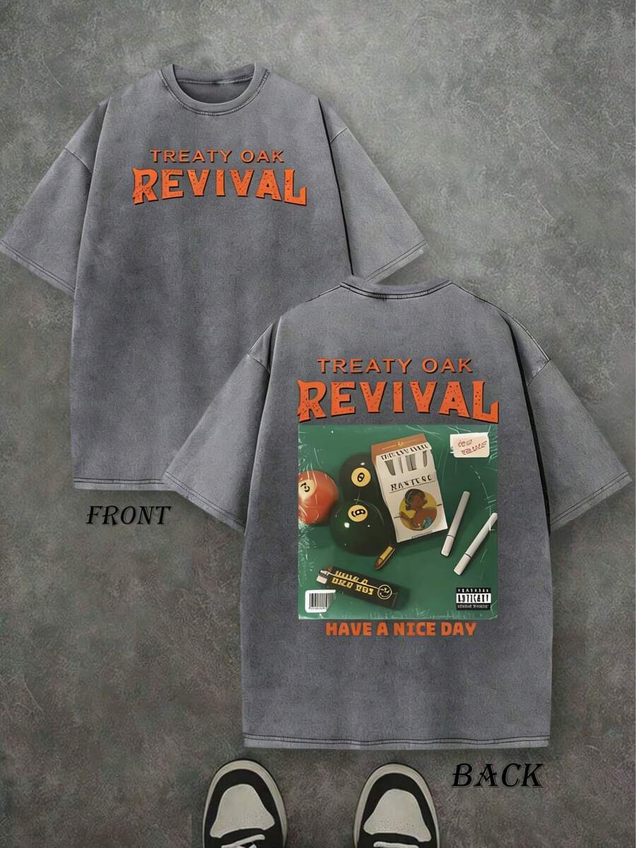 [100% Cotton] 1 230g Heavyweight T-Shirt-Double-Sided Vintage Street-Style Print With Treaty Oak Revival Graphic, Regular Round Neck, Machine Washable - 灰色 - 查看 1