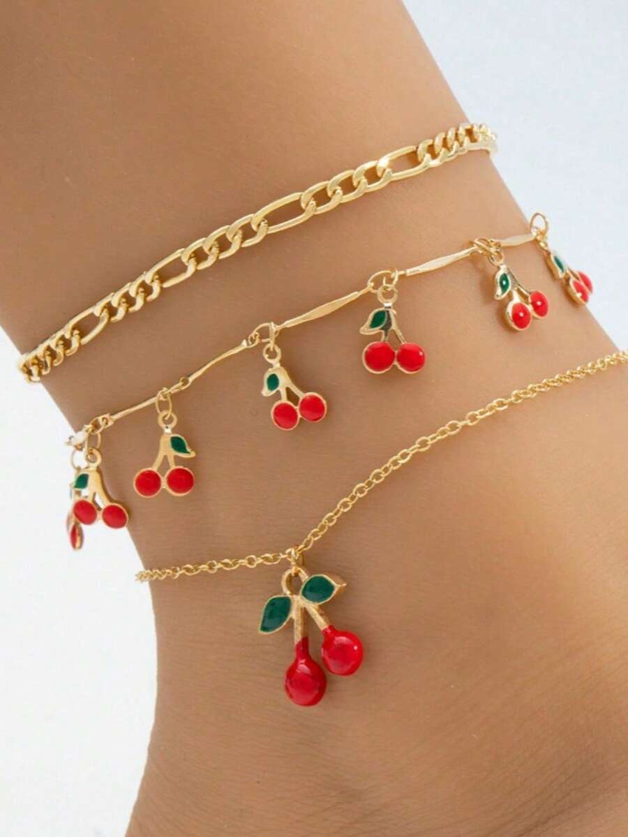 3件套时尚几何樱桃脚链套装，适合夏季度假、海滩、派对、舞蹈等场合 - 彩色 - 查看 1