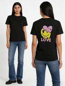 Camiseta de moda con diseño divertido de corazón y texto "LOVE"‌ - Negro - Ver 7