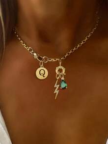 1 件金色 A-Z 字母项链，绿色钻石吊坠链，闪电形钻石吊坠链，时尚优雅多吊坠项链，独特奢华女士字母项链 - 金黃色 - 查看 30