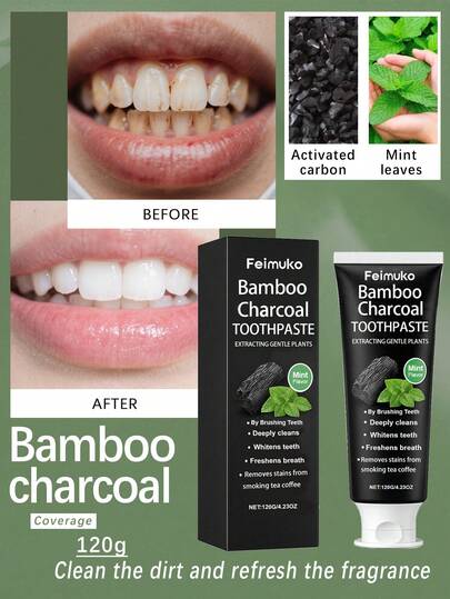 1 Caja (120g) Pasta de dientes de carbón de bambú, cuidado dental que elimina manchas, sabor a menta fresca, limpieza básica - La pasta de dientes de carbón activado elimina el mal aliento y blanquea los dientes, blanqueamiento y limpieza diaria en el hogar, eficaz para el café, el té y otras manchas rebeldes