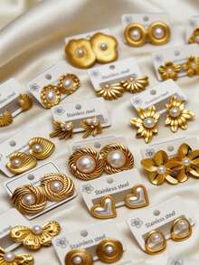 24pcs/12 Pairs Stainless Steel Pearl Earring Set, 18K Gold Plated, Hypoallergenic, Floral/Heart/Asymmetrical Elements Earrings, Elegant Minimalist High-End Design, Suitable For Daily Wear, Great For Birthday, Party, Family Gathering And Holiday Gifts - Multicolor - View 3