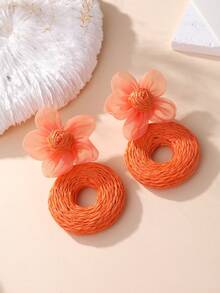 1 Pair Orange Mesh Flower Raffia Woven Round Drop Earrings, Vacation Style Bohemian Earrings - Orange - View 6