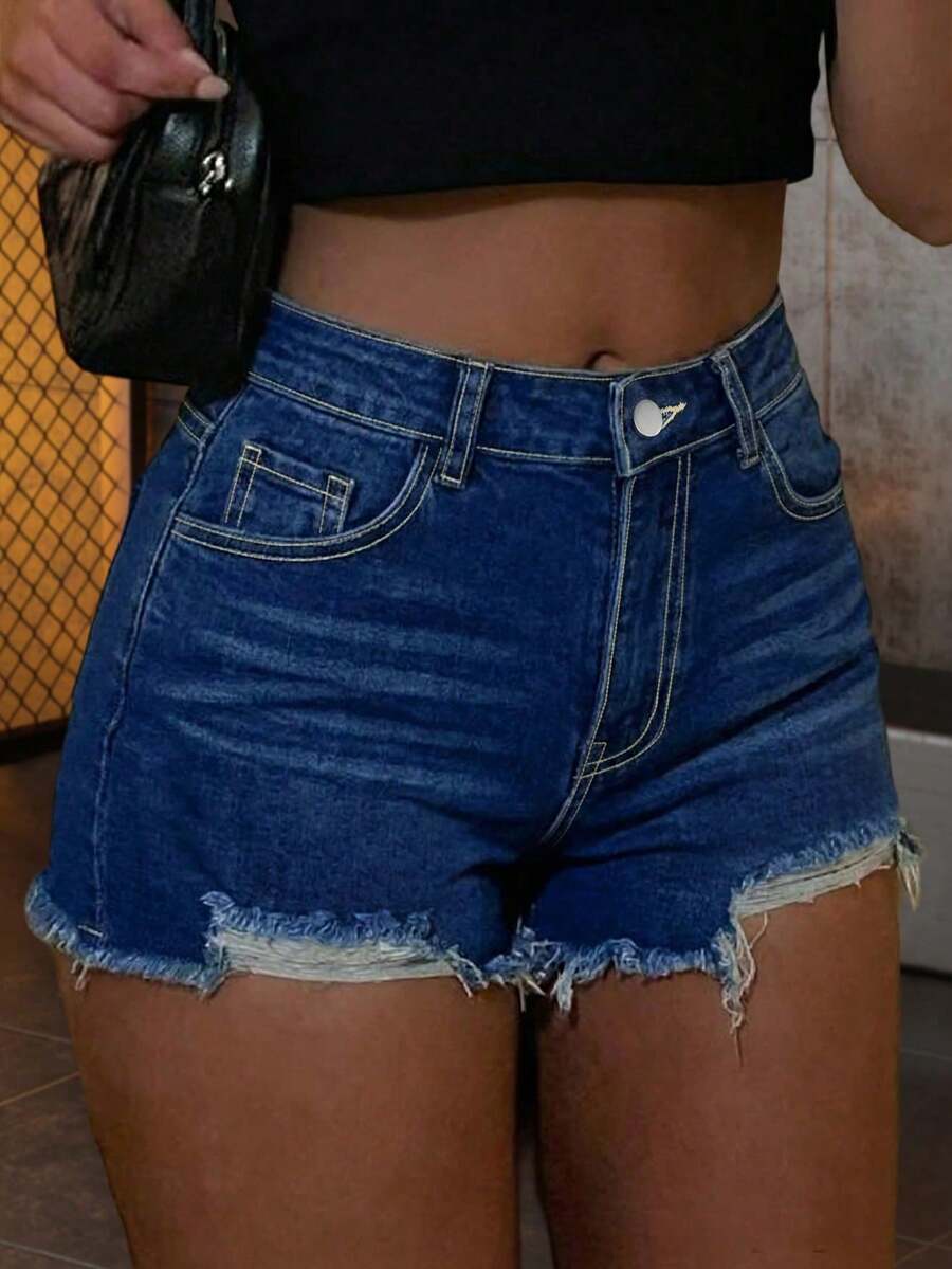 Women's Distressed Elastic Denim Shorts, Casual Street Style With Pockets For Spring/Summer Daily Wear - Medium Blue - View 1