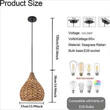 12.99-Inch Handmade Woven Bamboo Pendant Light, Boho Style Handcrafted Seagrass Country Lamp Fixture, Suitable For Kitchen Island, Dining Room, Bedroom, Entryway, Cafe (Bulb Not Included) - Gourd Shape - View 7