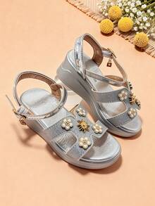 Girls' Fashion High Heel Sandals, Silver Flower Decor, Sweet Silver Flower Pendant Princess Sandals - Silver - View 2