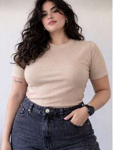 Basic T-Shirt With Round Neck, Short Sleeves, Ribbed Knit, Premium Style. Casual, Comfortable, And Suitable For Everyday Wear. - Beige - View 1