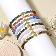 1pc Casual 4mm Natural Rose Quartz, Tiger Eye, Moonstone Beaded & Heart Charm Elastic Bracelet, Cute Everyday Wear Jewelry Gift For Her - Multicolor - View 2