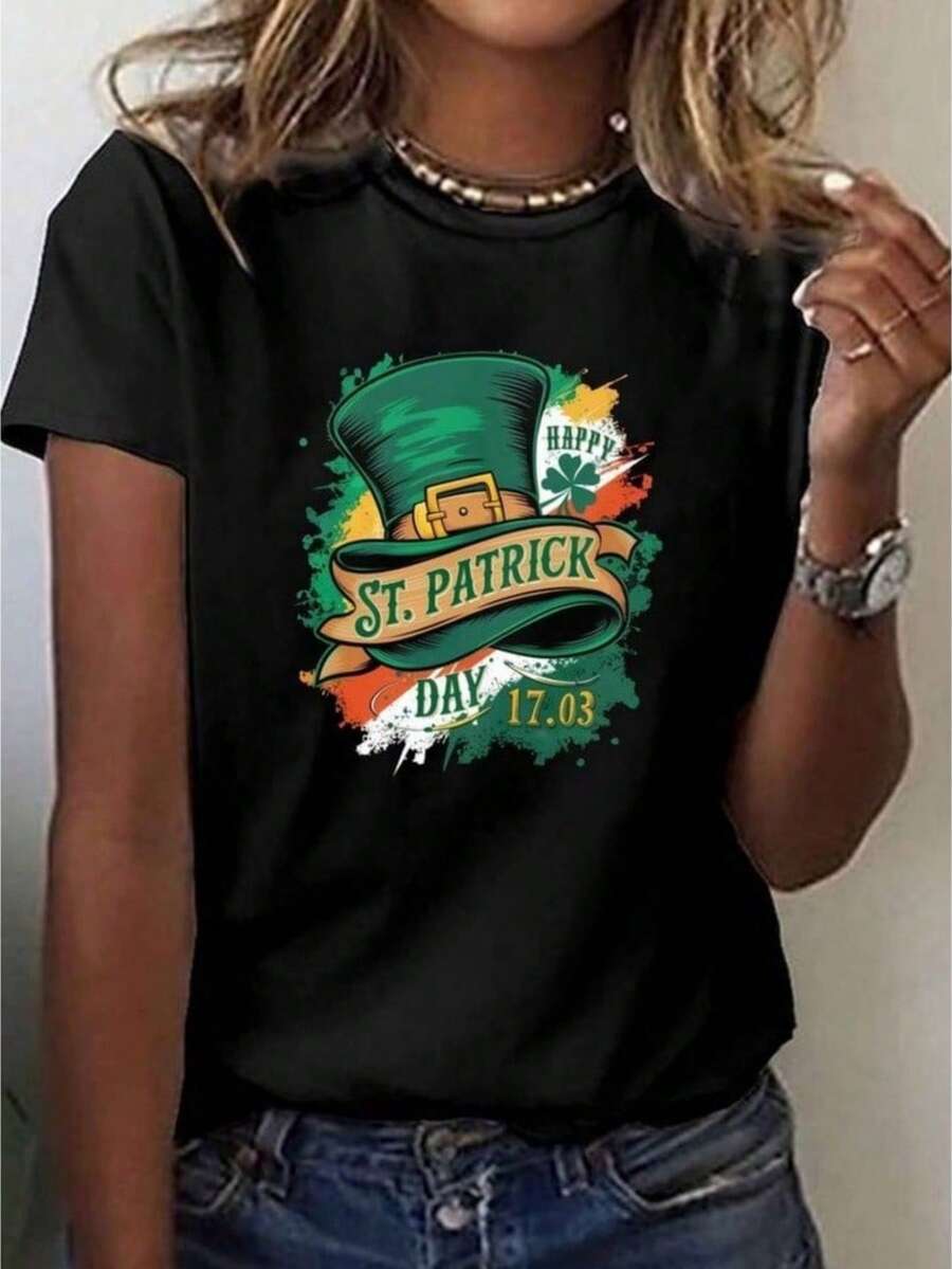 Women's Black St. Patrick's Day T-Shirt With A Shamrock Design. "Happy St. Patrick's Day" Text. Casual Short-Sleeve Crew Neck T-Shirt For Everyday Wear. Festive Graphic Tee. Medium-Stretch, 180 G/M² Cotton Fabric. A Festive Gift For Men And Women. Sizes S-XXXL, Black. - 黑色 - 查看 1