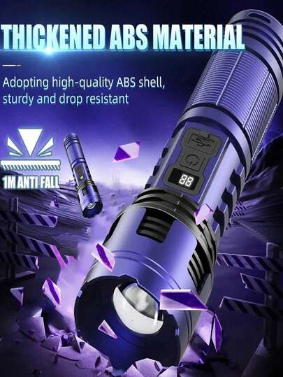 مصباح يدوي LED قابل للتعديل والتركيز، شحن سريع من نوع C، بطارية مدمجة، شاشة عرض مستوى البطارية الذكية، شعاع قابل للتعديل، مقاوم للماء، مناسب للمغامرات والاستخدام في حالات الطوارئ