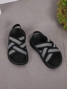 Children's Striped Elastic Band Summer Sandals, Slip-On Flat Beach Shoes, Woven Craftsmanship - Black - View 5