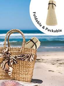 1顶时尚可折叠女士帽子，带蝴蝶结、魔术贴、马尾辫孔、无帽檐设计，适合户外、海滩、旅行、防晒，巴拿马草帽，夏季款 - 蝴蝶 - 查看 6