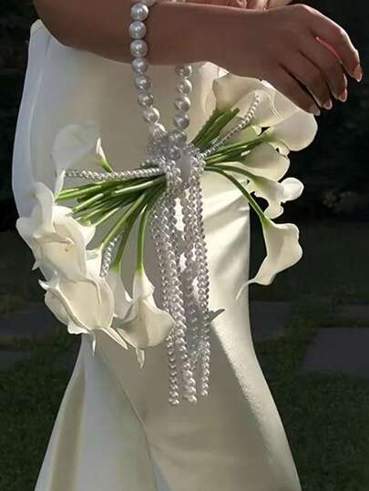 1 pieza Ramo de novia y dama de honor - Lirio de Cala/Lirio/Orquídea blanca artificial con mango de perlas y cinta, ramo de novia de 12.99 pulgadas para propuesta de boda, fiesta, iglesia y decoración