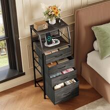 Tall 4-Drawer Bedside Table With Charging Station & LED Light, Fabric Storage Bins, Open Wood Shelf Modern Nightstand,Black - 查看 2