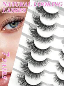 ENCHUW 7 Pairs Natural Look 3D Transparent Band Fluffy Curly Cat Eye False Eyelashes - Black - View 1